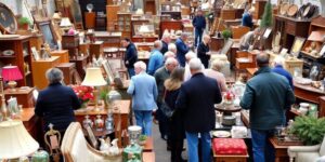 Vide maison en Belgique : foule d'acheteurs inspectant des meubles et objets anciens dans une salle d'enchères