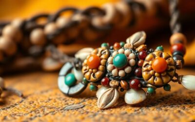 Bijou artisanal orné de perles colorées et rouges évoquant les bijoux corail corse traditionnels sur tissu texturé