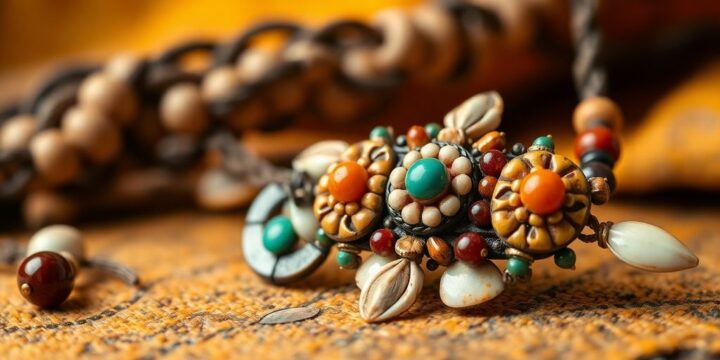 Bijou artisanal orné de perles colorées et rouges évoquant les bijoux corail corse traditionnels sur tissu texturé