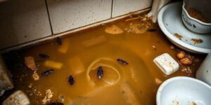 Cafards dans la cuisine se déplaçant sur un plan de travail inondé et sale avec vaisselle souillée