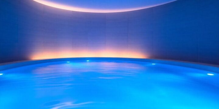 Bassin de flottaison lumineux dans un centre de flottaison avec éclairage bleu et ambiance zen