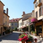 Rue pittoresque de Pézenas avec bâtiments provençaux, pavés et terrasses fleuries