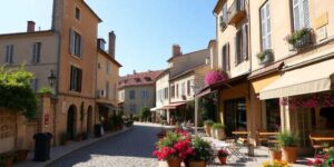 Rue pittoresque de Pézenas avec bâtiments provençaux, pavés et terrasses fleuries