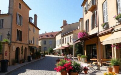 Rue pittoresque de Pézenas avec bâtiments provençaux, pavés et terrasses fleuries