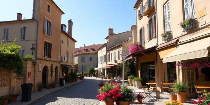 Rue pittoresque de Pézenas avec bâtiments provençaux, pavés et terrasses fleuries