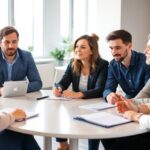 Réunion de coaching d'équipe dans un espace de travail moderne, avec six professionnels engagés autour d'une table ronde