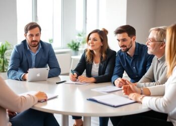 Réunion de coaching d'équipe dans un espace de travail moderne, avec six professionnels engagés autour d'une table ronde