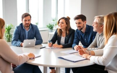 Réunion de coaching d'équipe dans un espace de travail moderne, avec six professionnels engagés autour d'une table ronde
