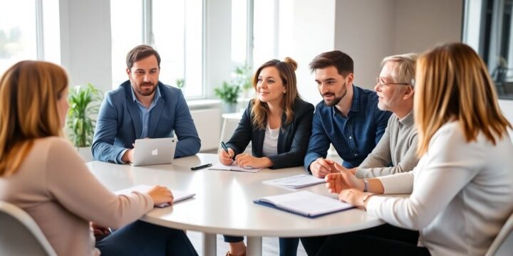 Réunion de coaching d'équipe dans un espace de travail moderne, avec six professionnels engagés autour d'une table ronde