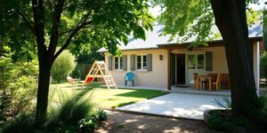 Maison blanche avec terrasse et aire de jeux, entourée d'arbres verdoyants