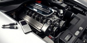 Cette image dévoile l'univers technique et précis de la reprogrammation moteur, capturant l'essence de l'optimisation mécanique moderne. Un moteur sophistiqué aux lignes métalliques argentées occupe le centre du cadre, révélant sa complexité mécanique. À ses côtés, un dispositif électronique portable - vraisemblablement un outil de diagnostic - et quelques connecteurs spécialisés témoignent de l'approche high-tech de la reprogrammation moteur. Chaque composant semble soigneusement calibré, illustrant la fusion entre l'expertise mécanique traditionnelle et les technologies numériques contemporaines. Les tons gris et argent, ainsi que la netteté des composants, transmettent un sentiment de précision technique et de performance mécanique à l'état pur