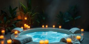 Espace de spa privatif luxueux avec jacuzzi intérieur, entouré de bougies et de plantes tropicales