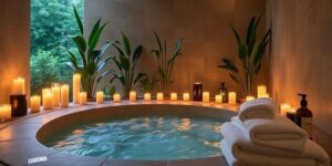 Jacuzzi intimiste dans un spa privatif, entouré de bougies et de plantes tropicales dans une ambiance zen