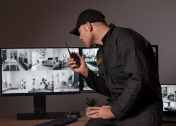 Agent de sécurité surveillant des écrans multiples dans un centre de contrôle avec système de vidéosurveillance