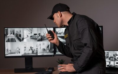 Agent de sécurité surveillant des écrans multiples dans un centre de contrôle avec système de vidéosurveillance