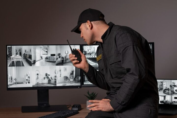Agent de sécurité surveillant des écrans multiples dans un centre de contrôle avec système de vidéosurveillance