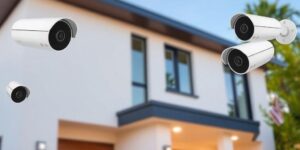Trois caméras de système de vidéosurveillance installées sur la façade d'une maison moderne