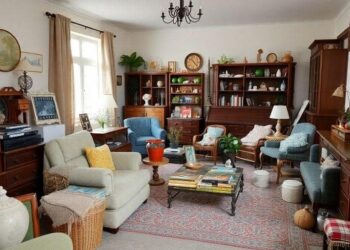 Salon chaleureux et encombré, typique d'un vide maison en Belgique avec meubles vintage et objets personnels