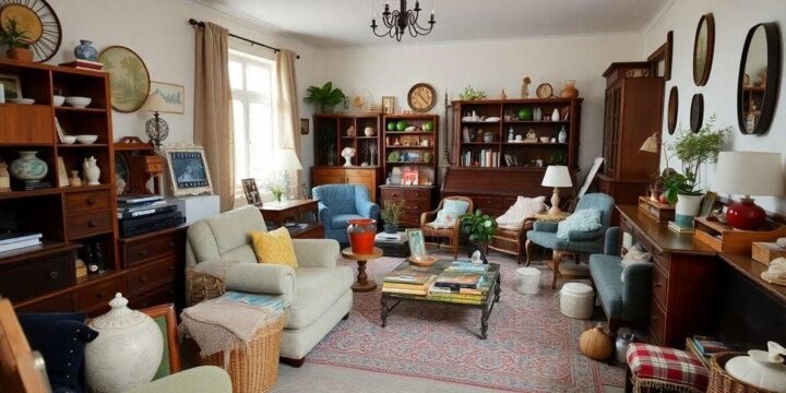 Salon chaleureux et encombré, typique d'un vide maison en Belgique avec meubles vintage et objets personnels