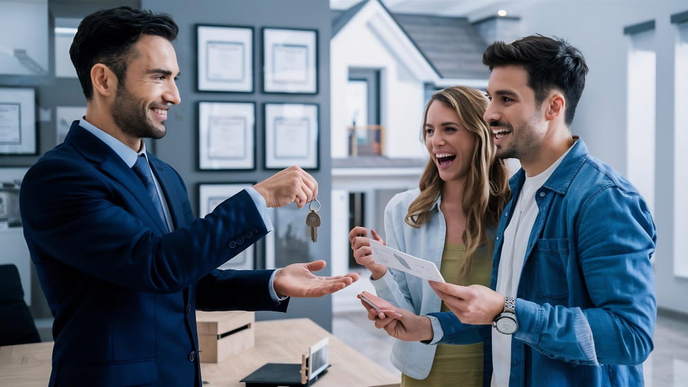 Un agent d'une bonne agence immobilière remet les clés de leur nouvelle maison à un jeune couple souriant