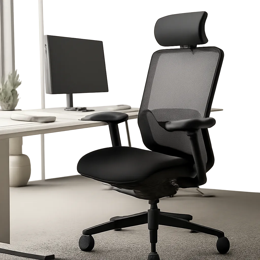 Une chaise de bureau ergonomique mise en scène dans un espace de travail moderne et épuré. L’image illustre le confort, le maintien et les réglages utiles pour un usage quotidien intensif.