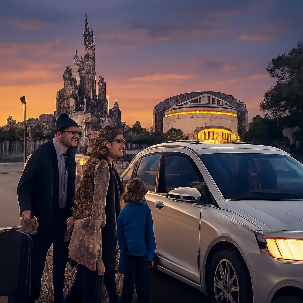 Illustration d’un retour serein depuis Disneyland Paris avec un taxi réservé à l’avance. L’image évoque la sécurité, le confort familial et la simplicité du transfert.